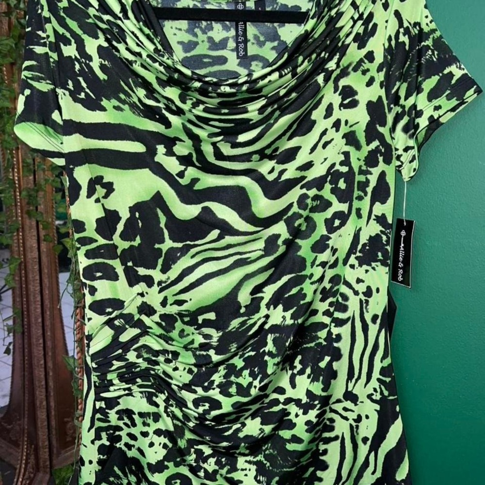 Allie & Rob Lime Green Black Animal Print Cowl Neck Ruched Top NWT Small